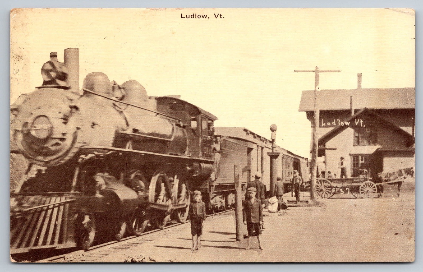 Ludlow Train Station VT Vintage Postcard Vermont steam locomotive 1912 railroad