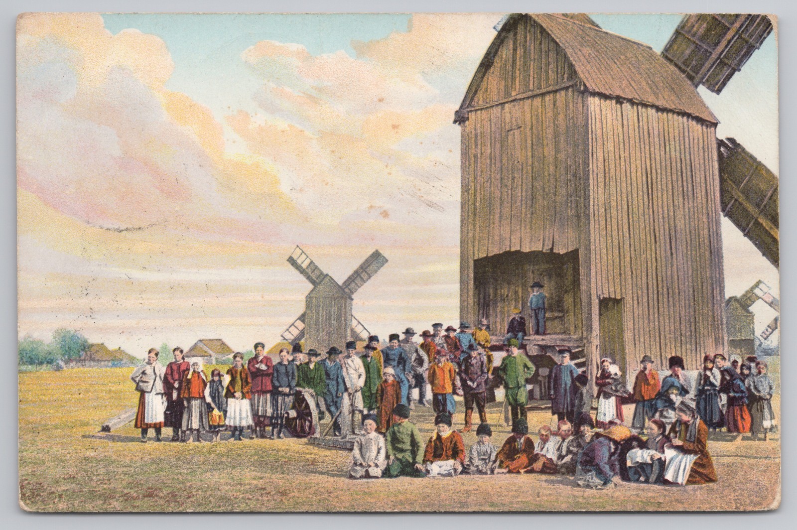 Vtg Ukraine Windmills Scene People Children Posted 1914 Russian Stamp Postcard