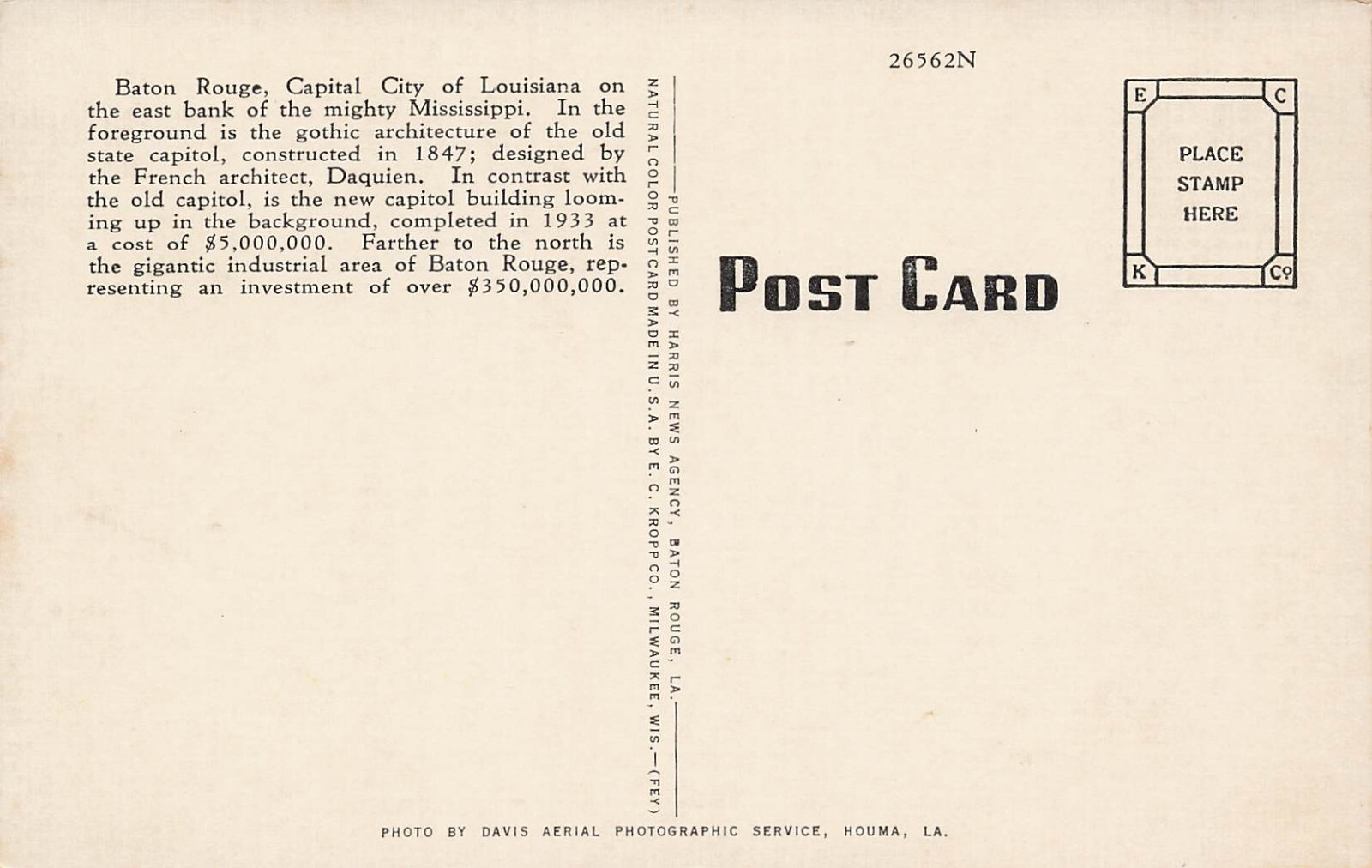 AERIAL AIRPLANE VIEW OF CAPITOL POSTCARD BATON ROUGE LA LOUISIANA 1940s