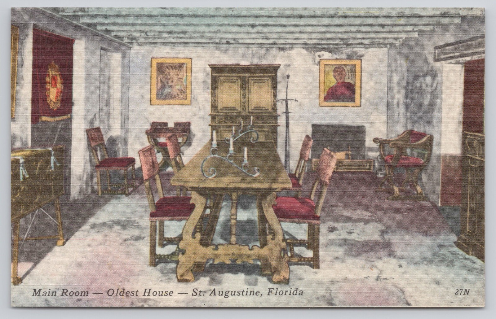 St. Augustine FL Florida Oldest House Main Room Interior View Postcard
