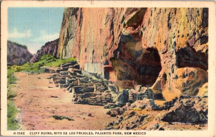 Santa Fe NM postcard CLIFF RUINS RITO DE LOS FRIJOLES PAJARITO PARK j/13 BA3283