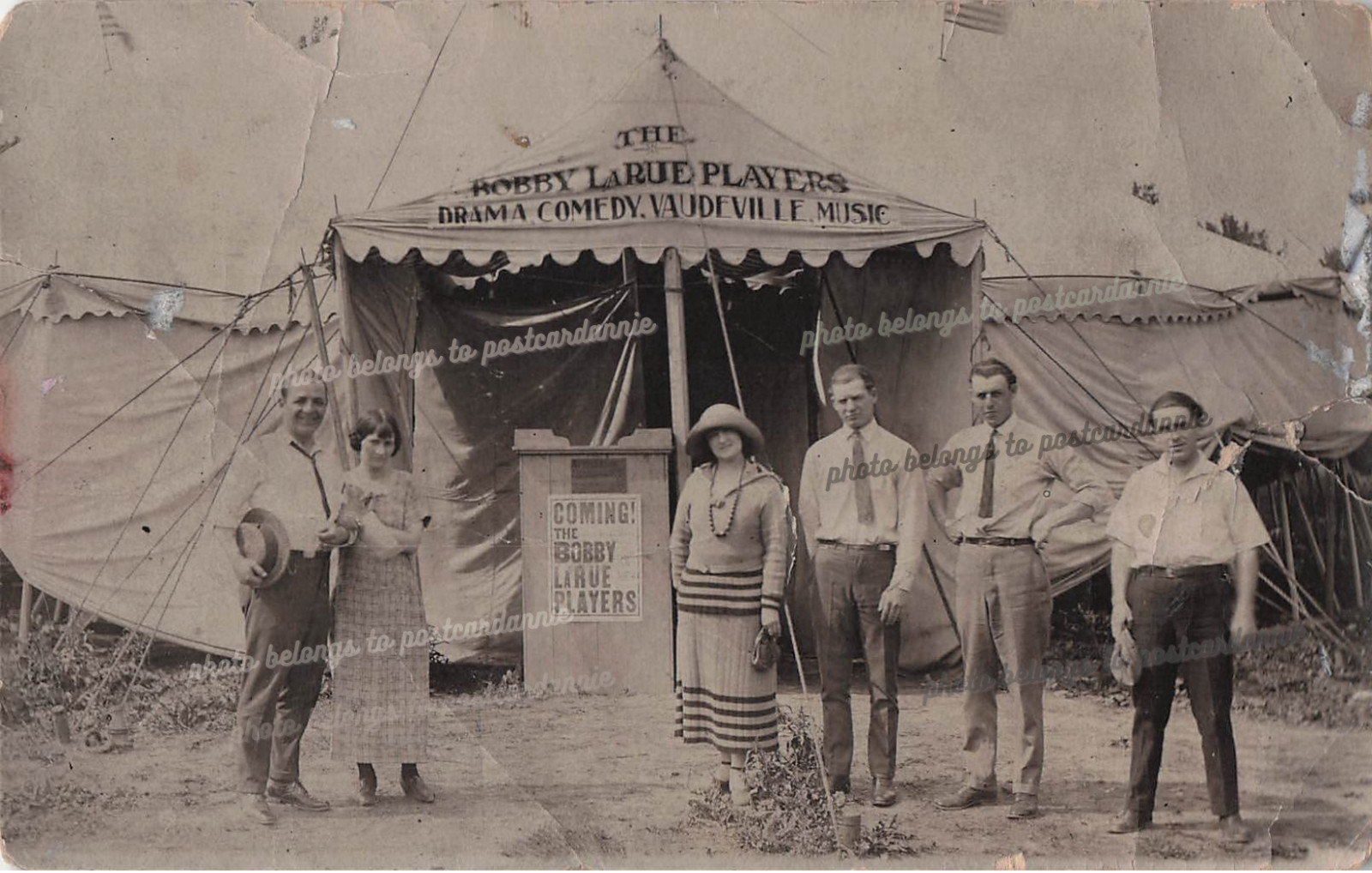 RPPC Bobby LaRue Players Vaudeville Music Circus Tent DAMAGE Photo Postcard I18