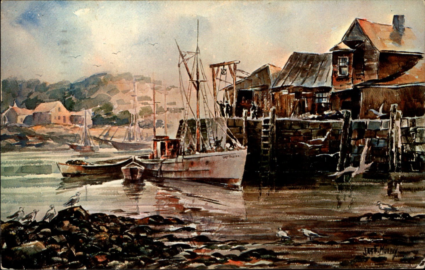 Gloucester MA Harbor Fishing Boats Art by James Murray vintage postcard v623