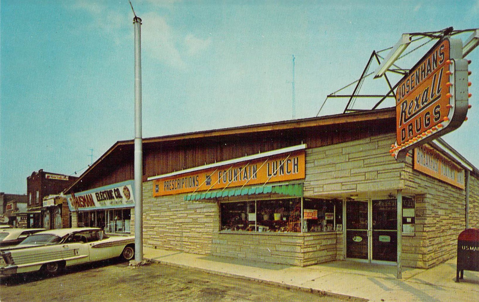 1964 MI New Buffalo Josenhans Rexall Drug Store Fountain Lunch Sign Postcard A87