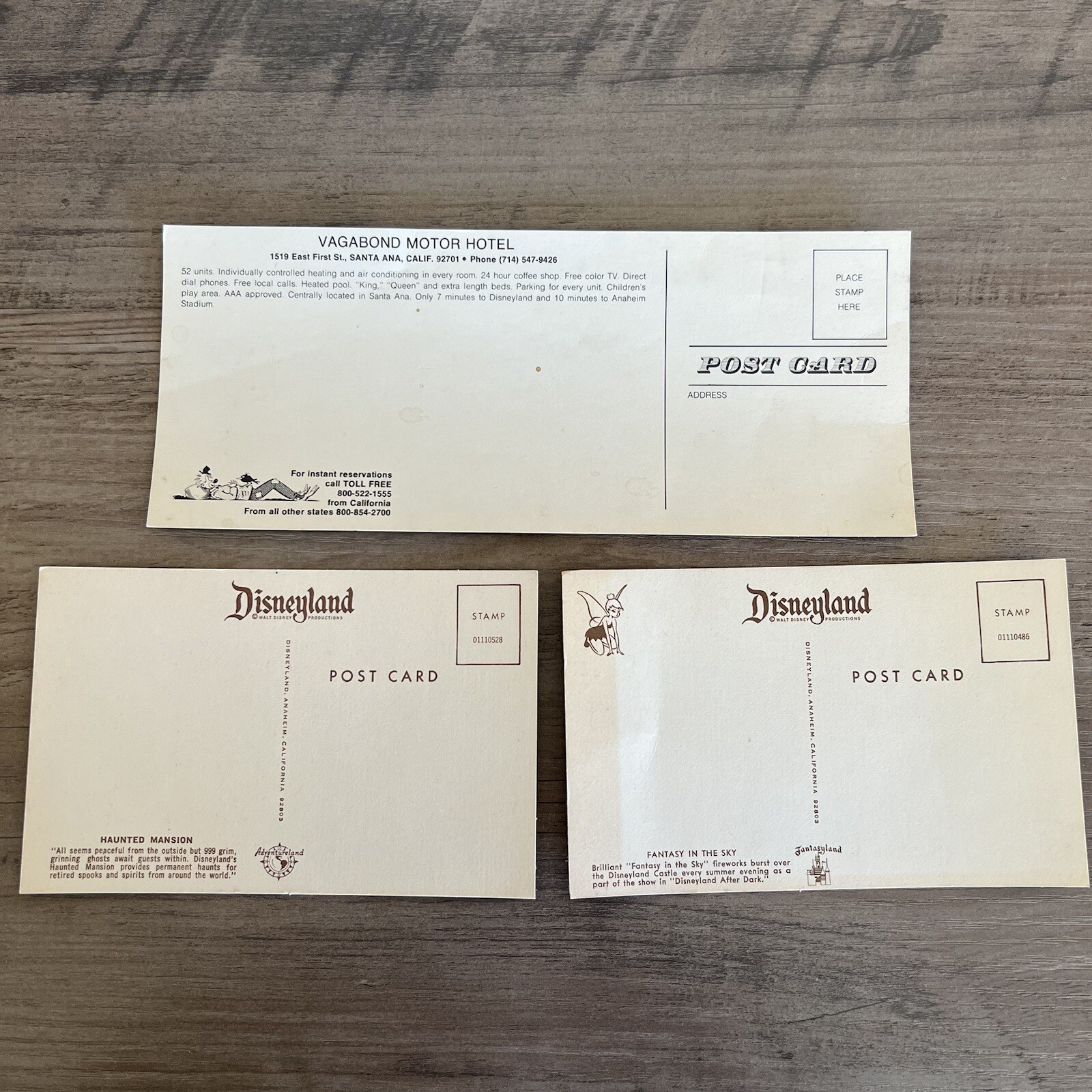 VTG 1970s Postcards Disneyland Castle Haunted Mansion Santa Ana Hotel Set of 3