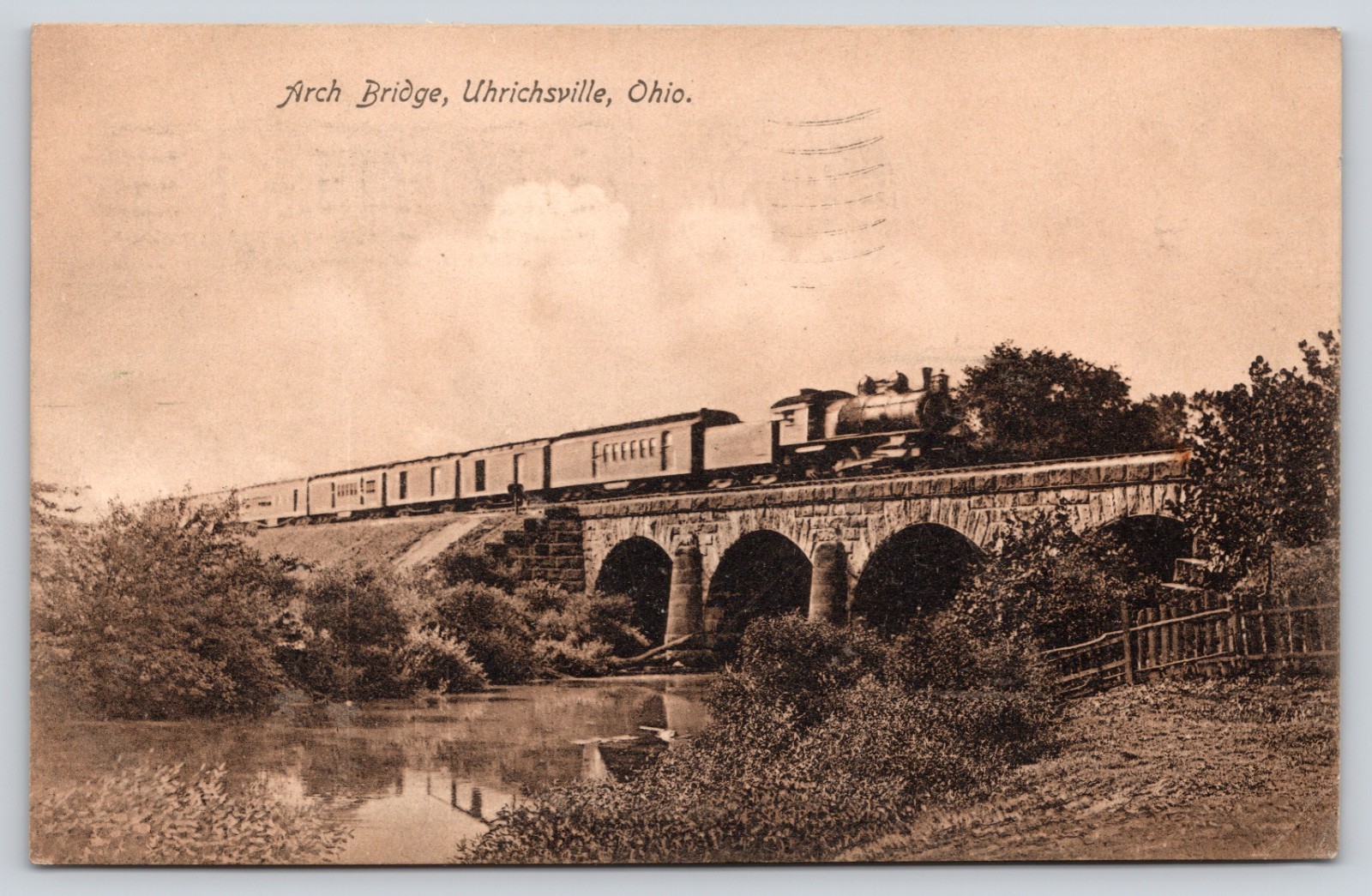 Steam Locomotive Crossing Arch Bridge Uhrichsville Ohio Postcard