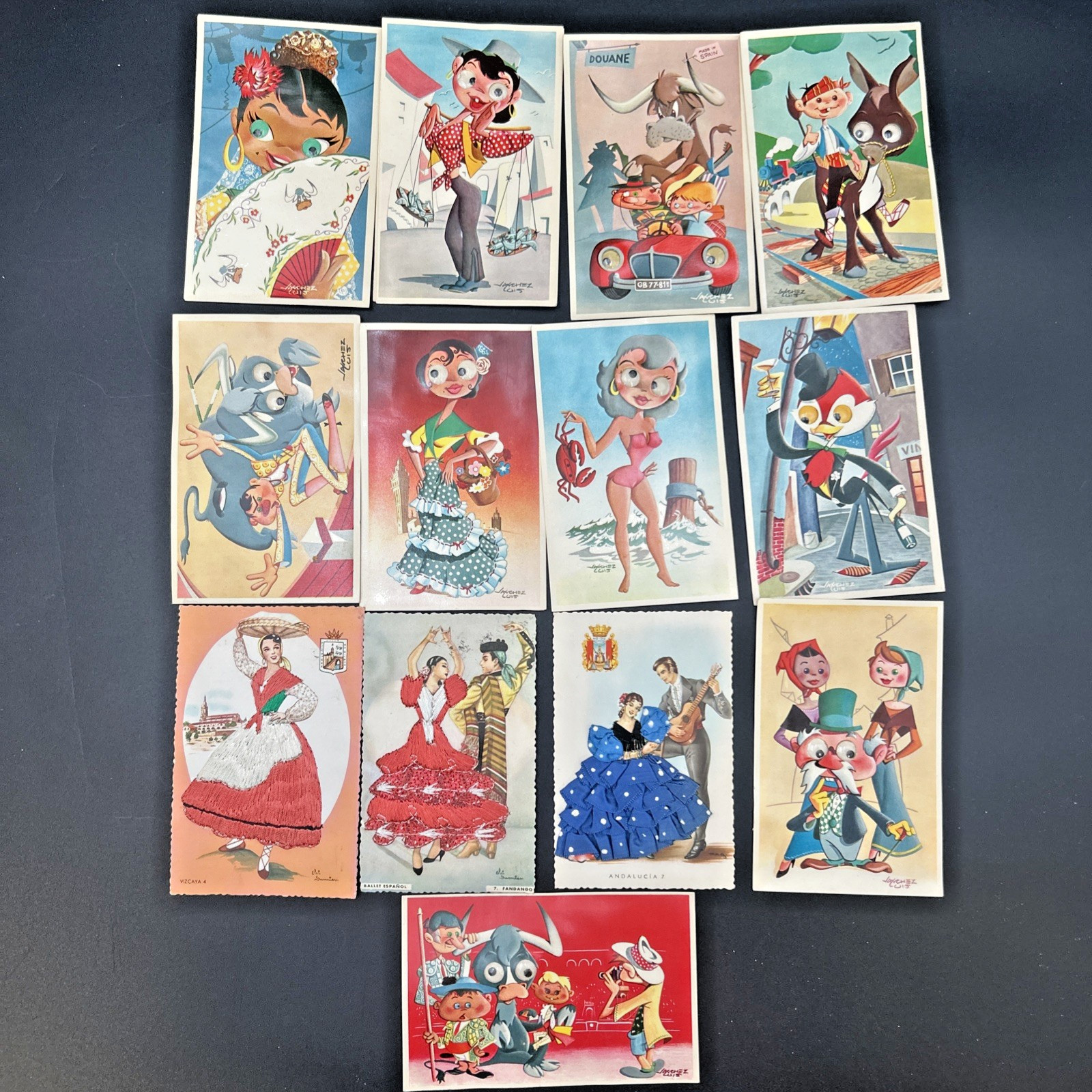 13 Vintage Spanish Postcards Elsi Gumier Embroidered Silk + Jimenez Googly Eyes