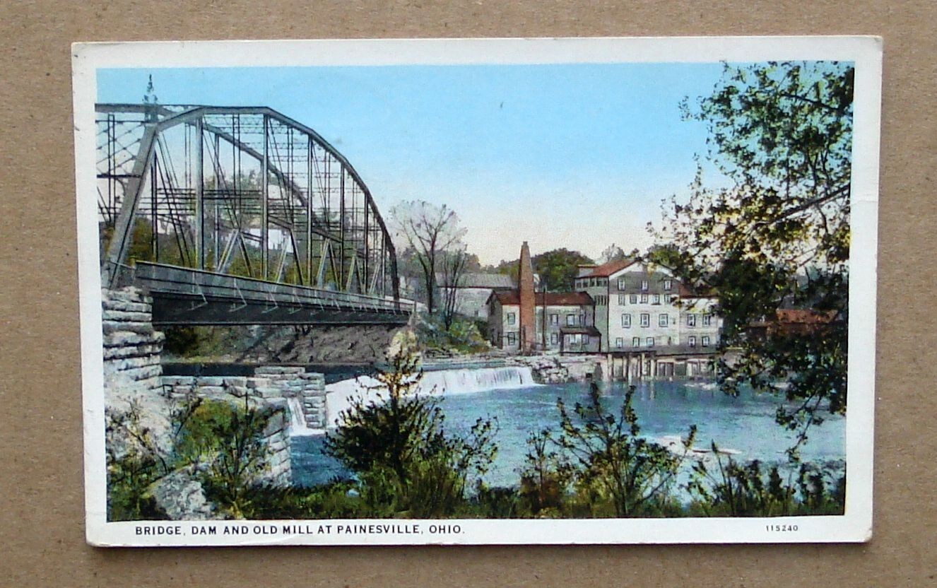 Painesville Ohio OH Bridge Dam Old Mill Vtg 1933 postcard
