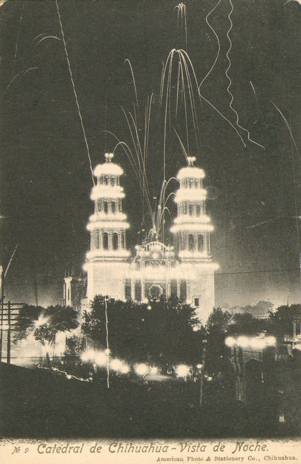 Cathedral de Chihuahua – Vista de Noche RPPC Postcard Antique 1906 posted 1911 N