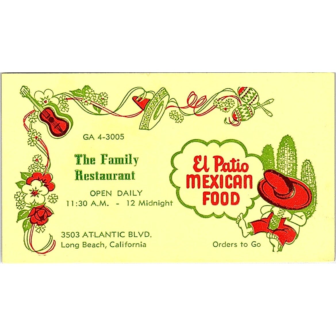 El Patio Mexican Food Long Beach CA Vintage Business Card ML1-6