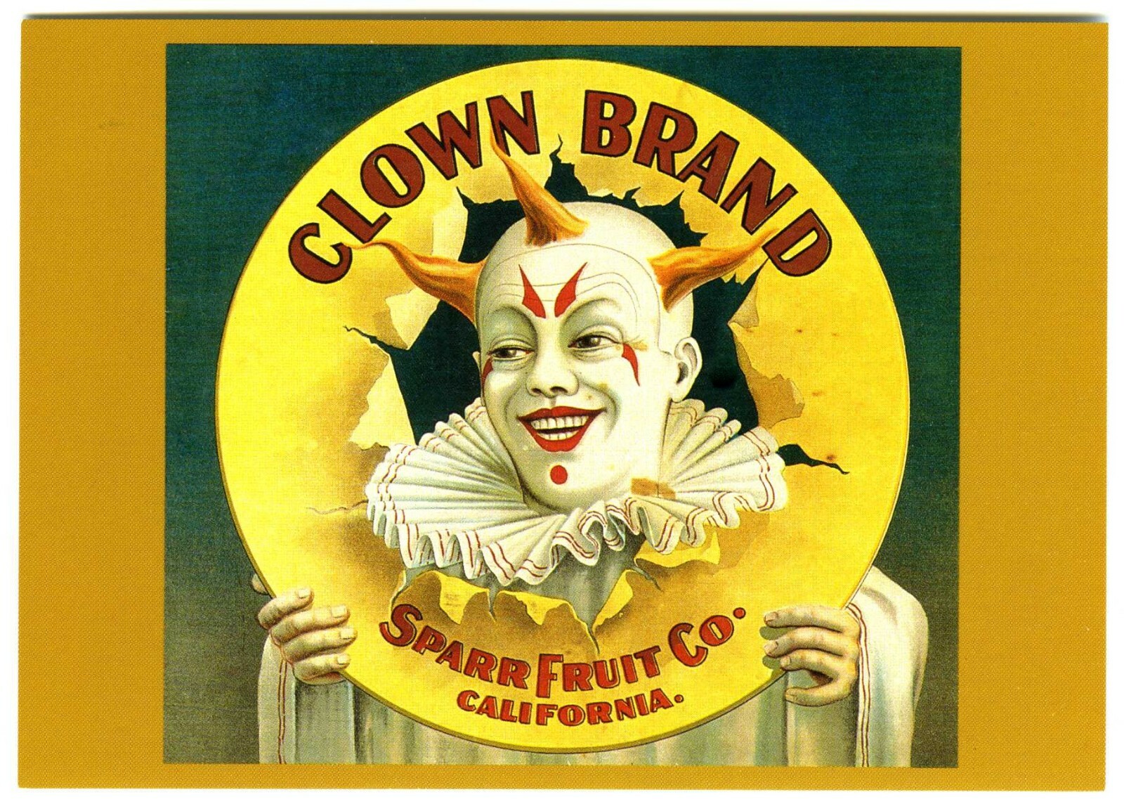 CIRCUS CLOWN~HISTORICAL AUTHENTIC ORANGE FRUIT CRATE LABEL ART~NEW 1986 POSTCARD