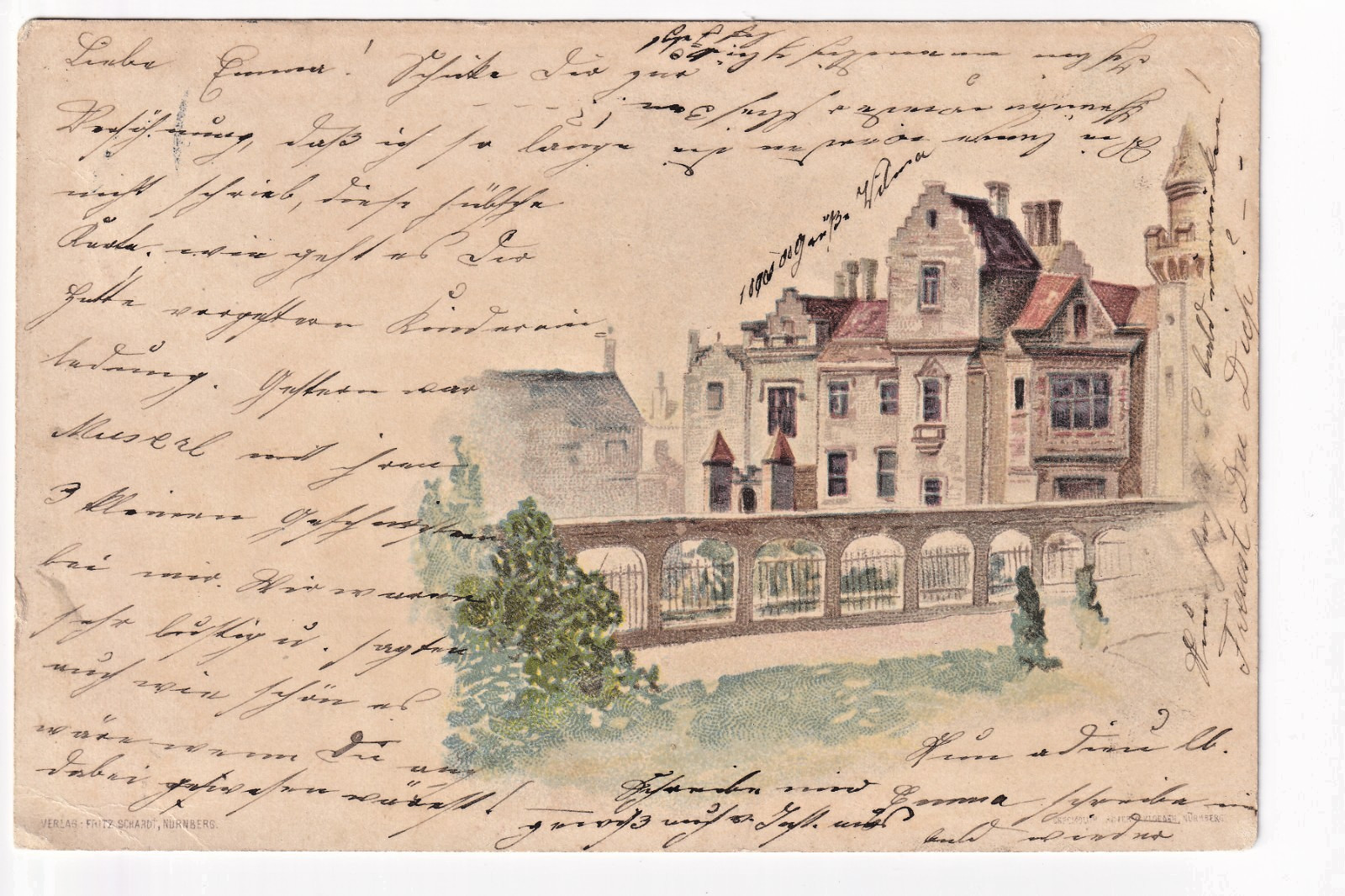 Postcard chromolithograph greeting from Fritz Schardt Castle Nuremberg Bavaria 5 Pf 1900 g