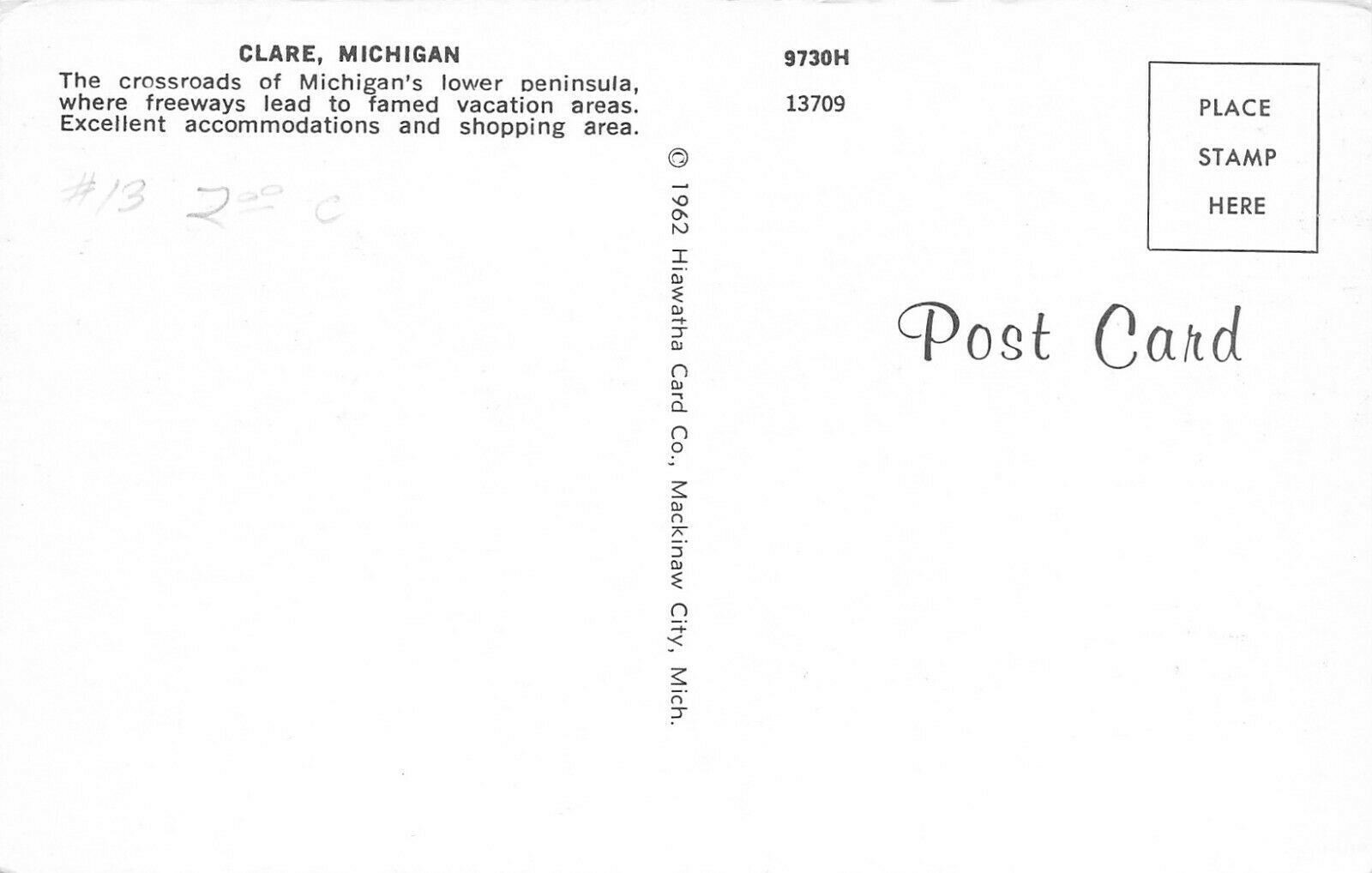 Clare Michigan~Main Street Stores~1950s Cars~Road Map~1962 Postcard