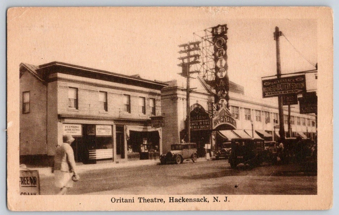 Oritani Theatre Hackensack NJ Vintage Postcard Street View Cars Storefronts