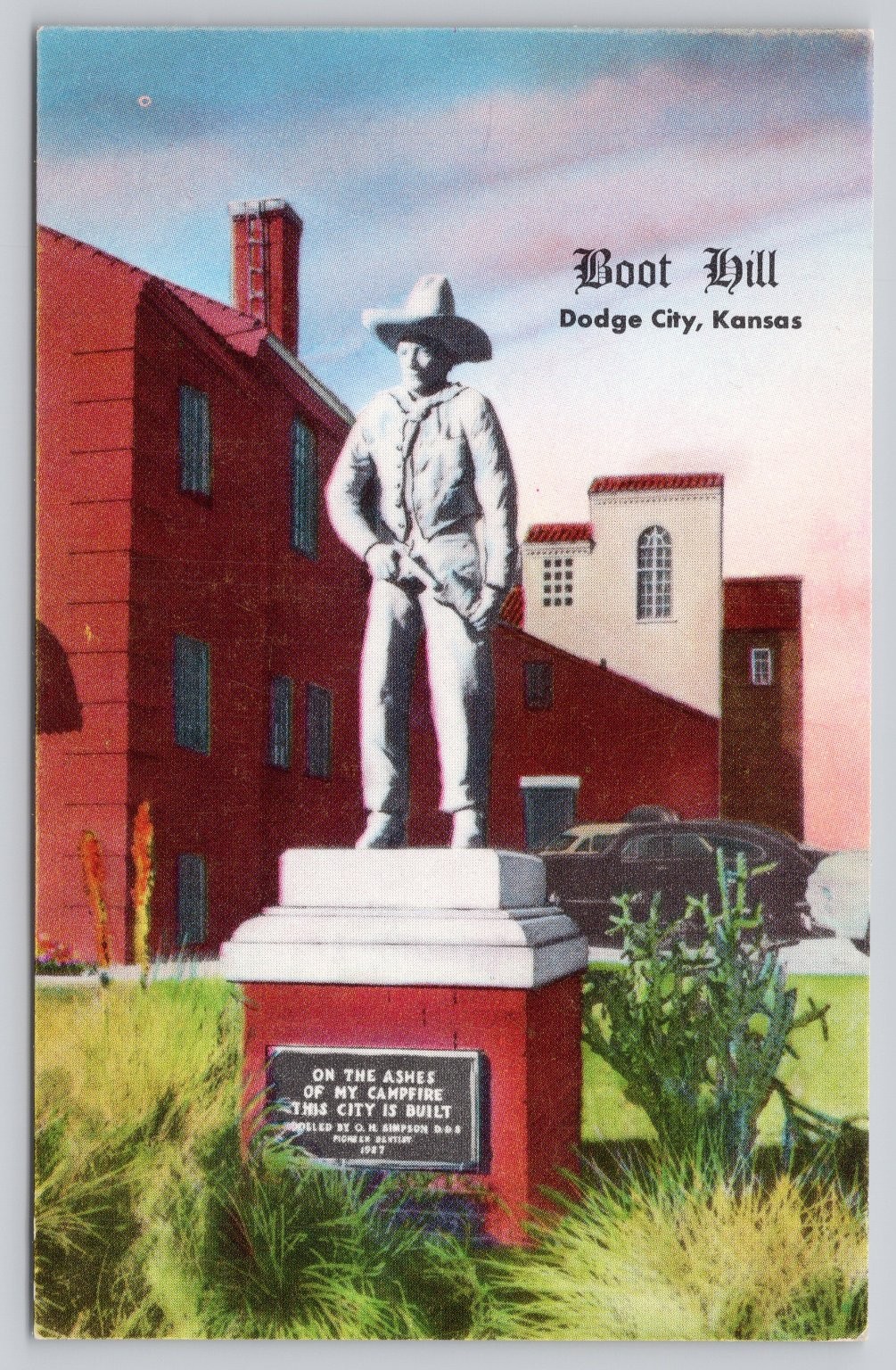 Boot Hill Dodge City Kansas Photochrome Postcard Statue 1939-Now