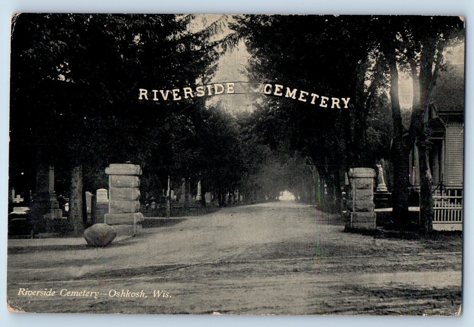 Oshkosh Wisconsin WI Postcard Riverside Cemetery Entrance Arch View 1910 Vintage