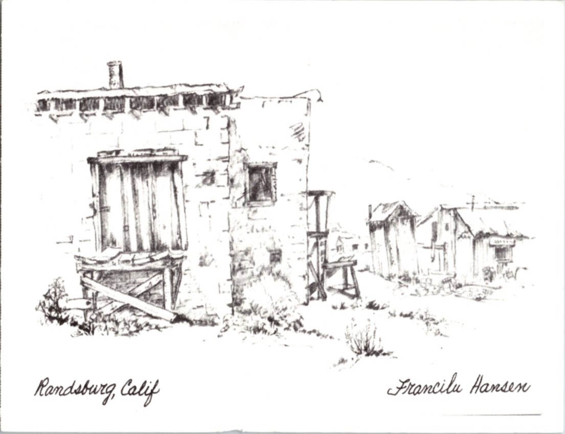 Randsburg CA postcard RANDSBURG BUILDINGS SKETCH BY FRANCILU HANSEN j/13 BQ3472