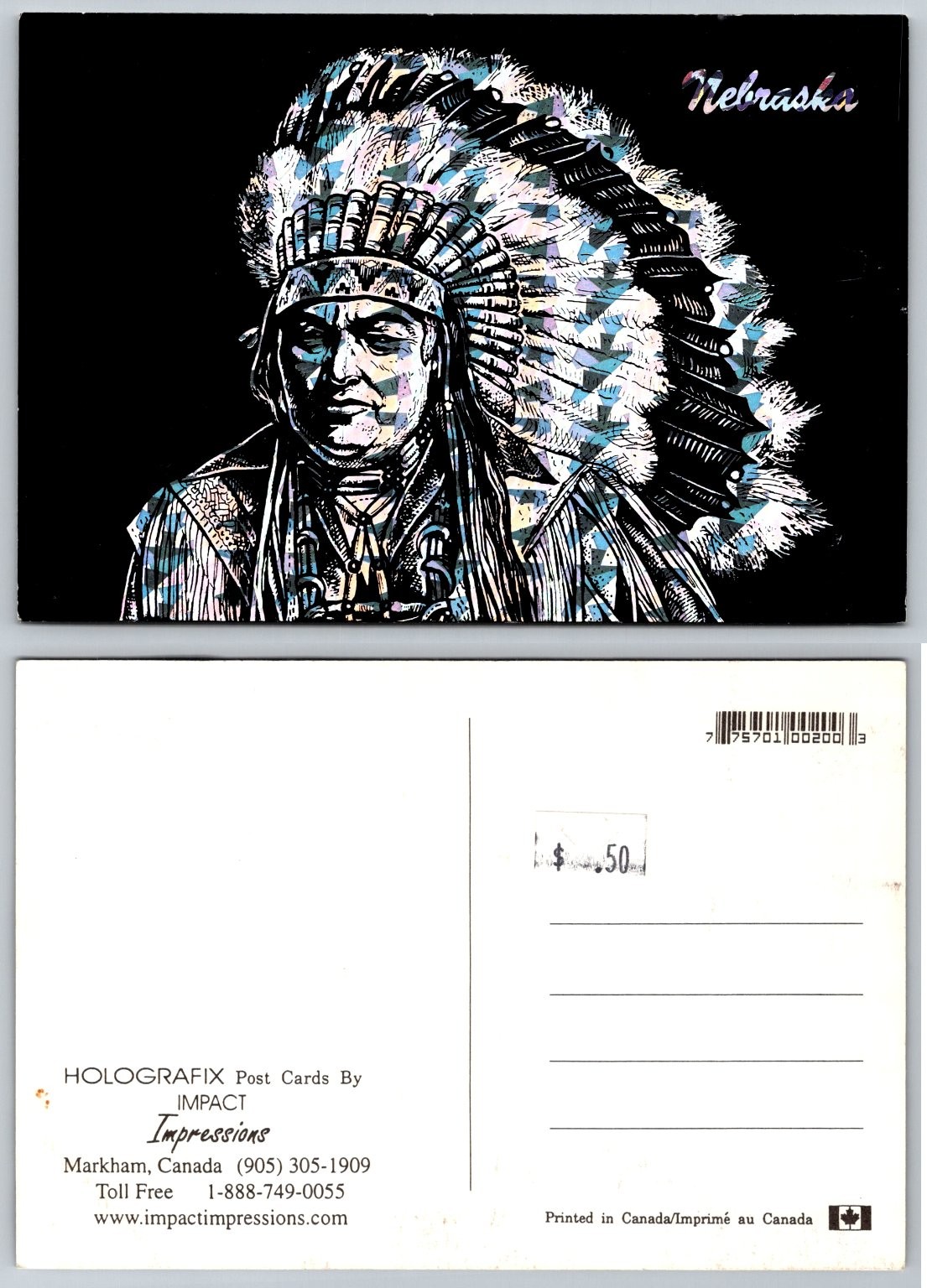 Nebraska Holographic Native American Chief Headdress Postcard Impact