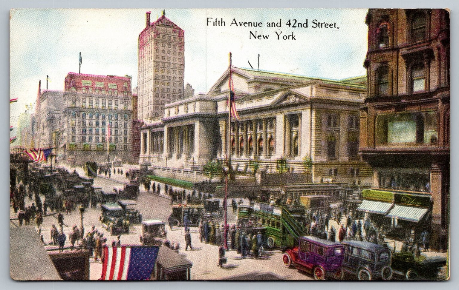 Fifth Ave & 42nd St New York Public Library NYC Success Postcard 1910s