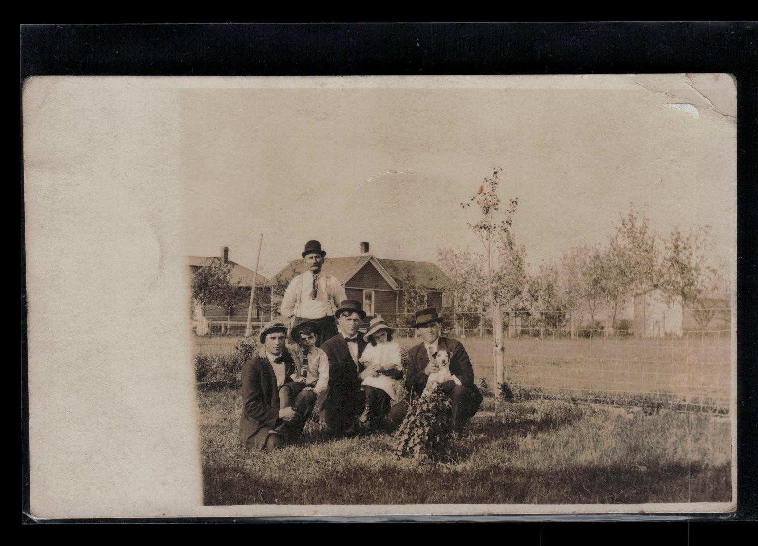 RPPC Family Group People Dog Hat Rural House Vintage Real Photo Postcard c1910s
