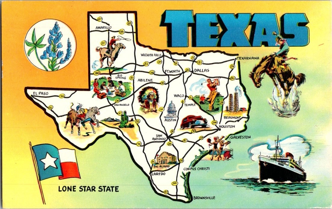 Vintage Texas Lone Star State Map Postcard with Landmark Illustrations