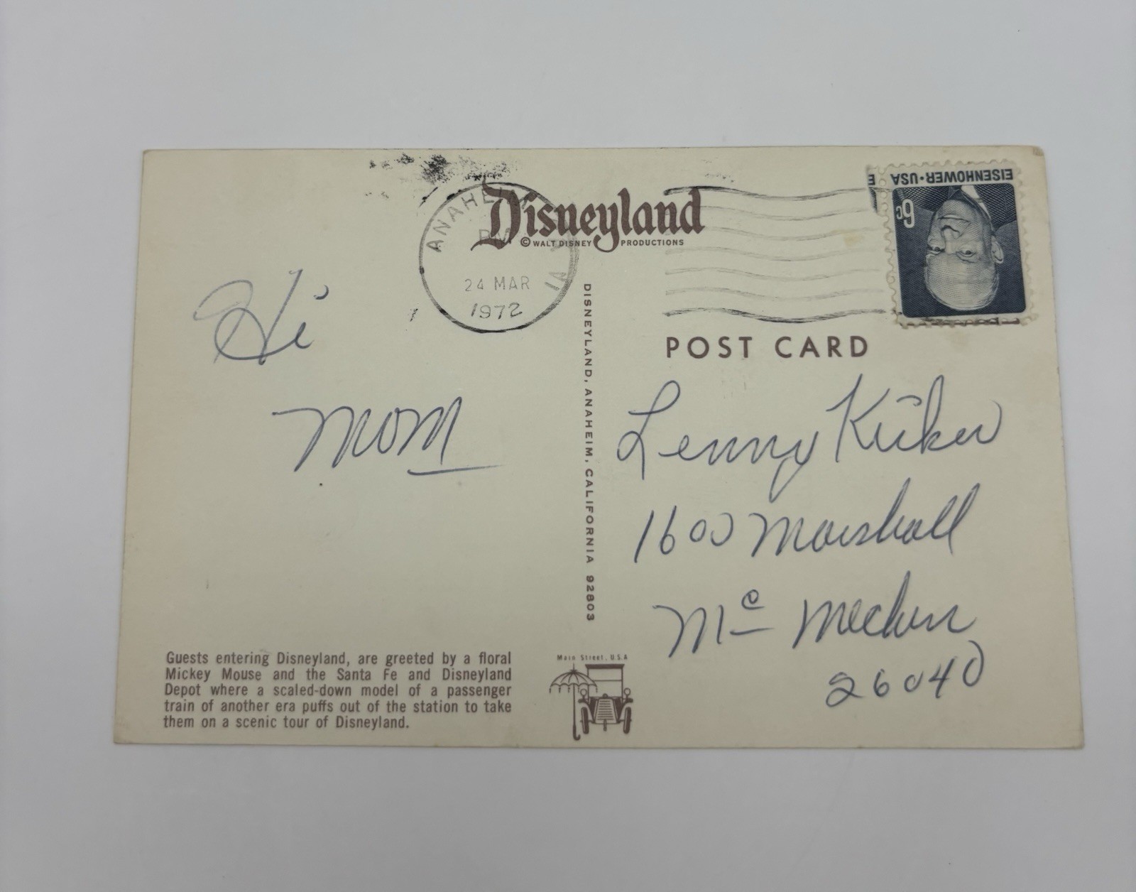 Vintage 1976 Postcard Disneyland Main Entrance and Santa Fe Railroad