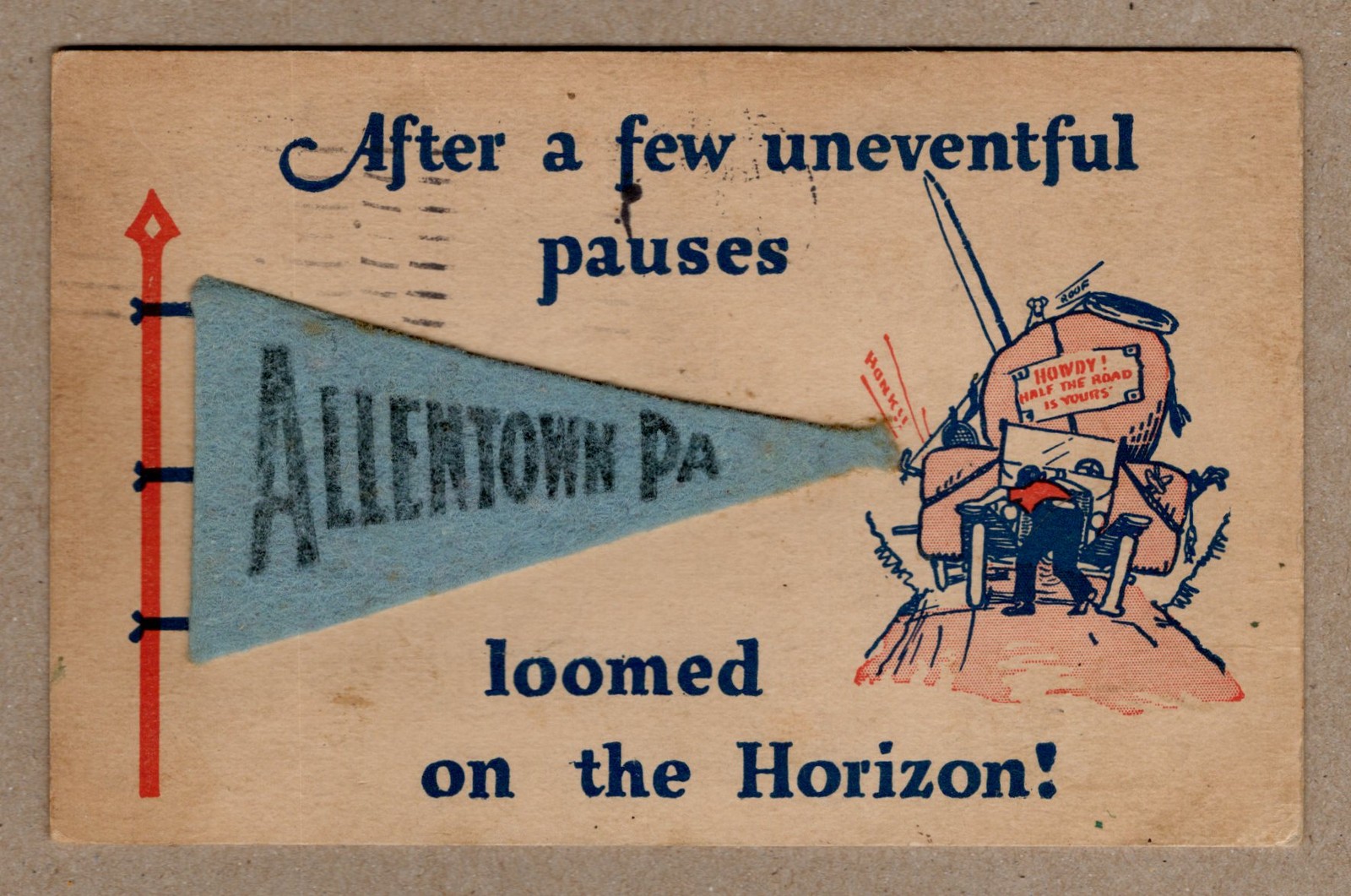 Allentown PA Felt Pennant Postcard 1928 Applique Novelty Vintage overpacked car