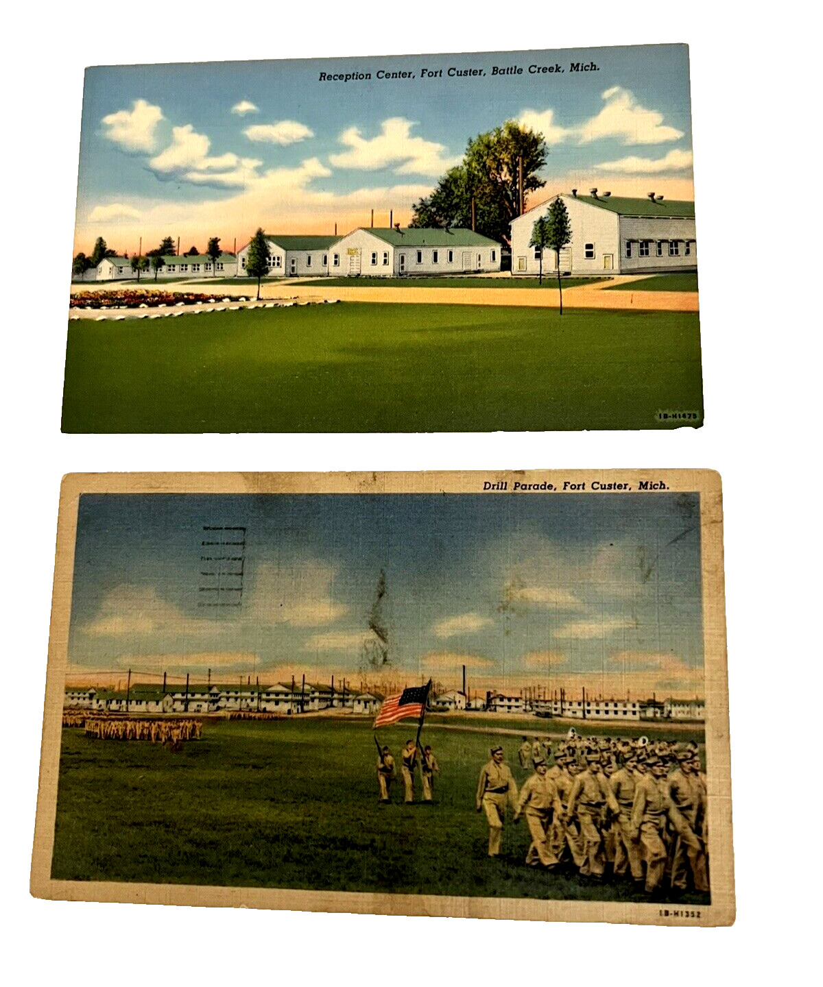 2 Fort Custer Battle Creek MI. Postcards Reception Center Drill Parade Linen