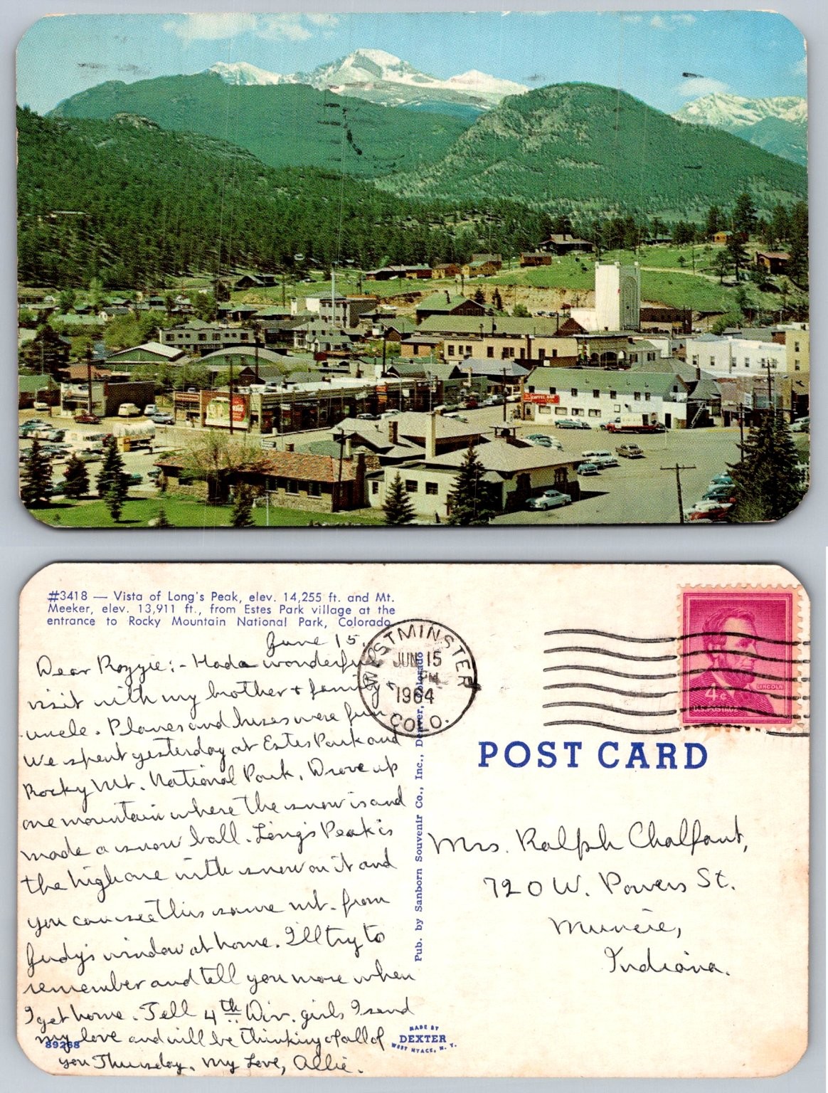 1964 Estes Park CO Long’s Peak Mt Meeker Rocky Mountain National Park Postcard