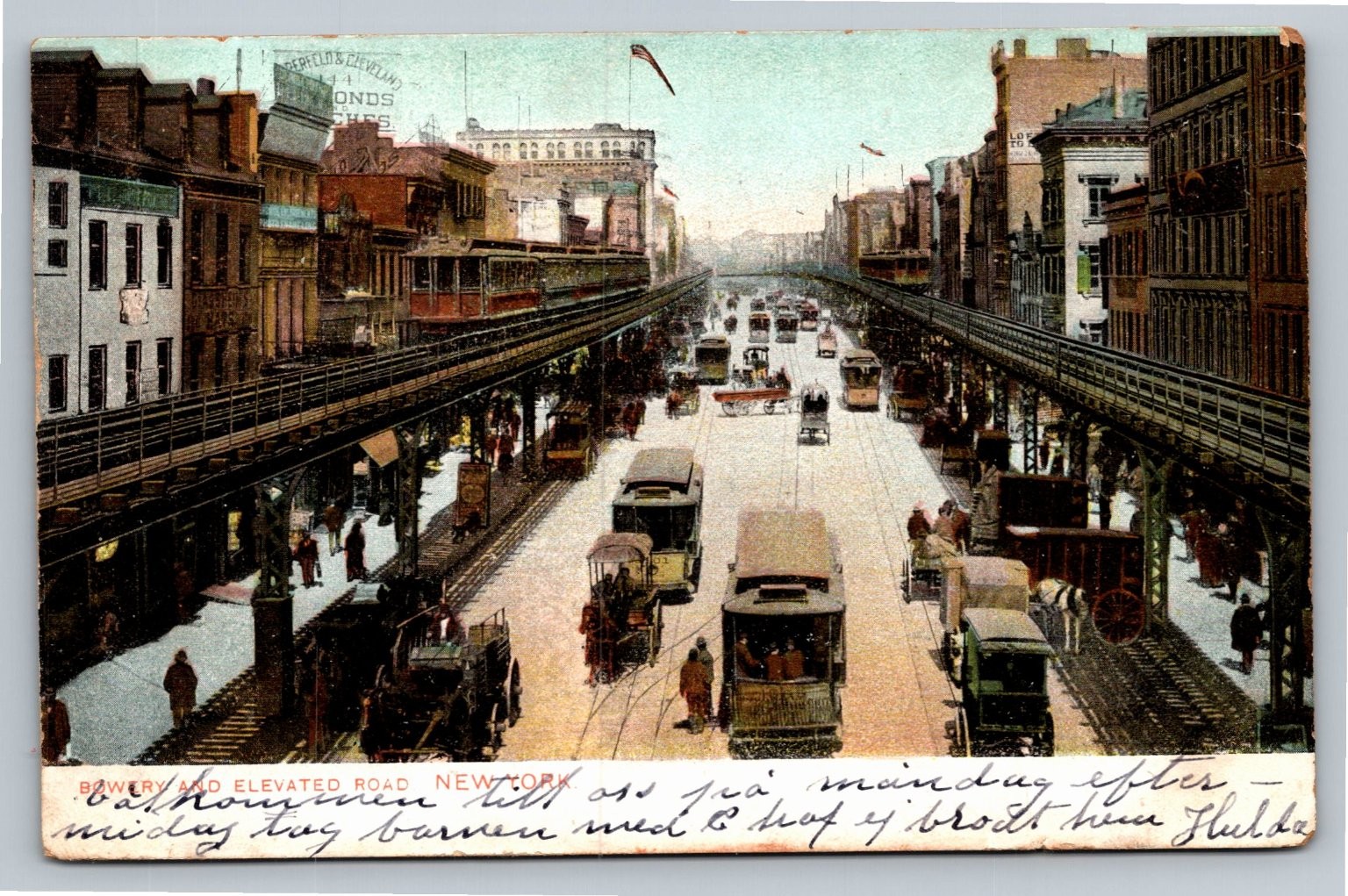 1909 Bowery & Elevated Road New York City Postcard NYC Street Scene
