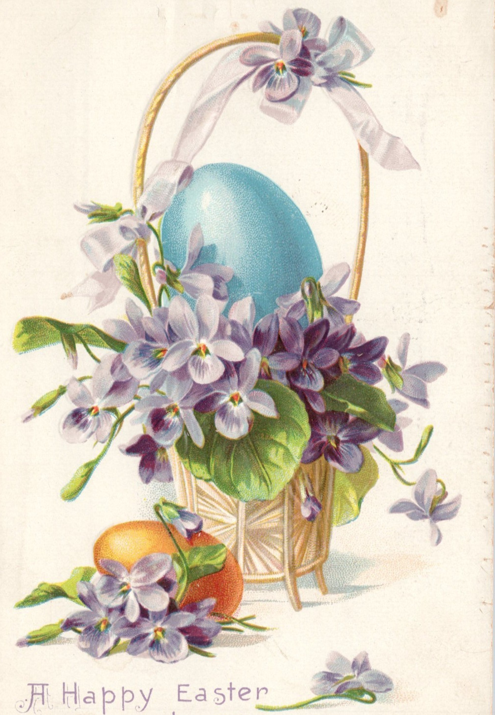 Postcard Happy Easter Basket Colored Eggs and Purple Violets Raphael Tuck