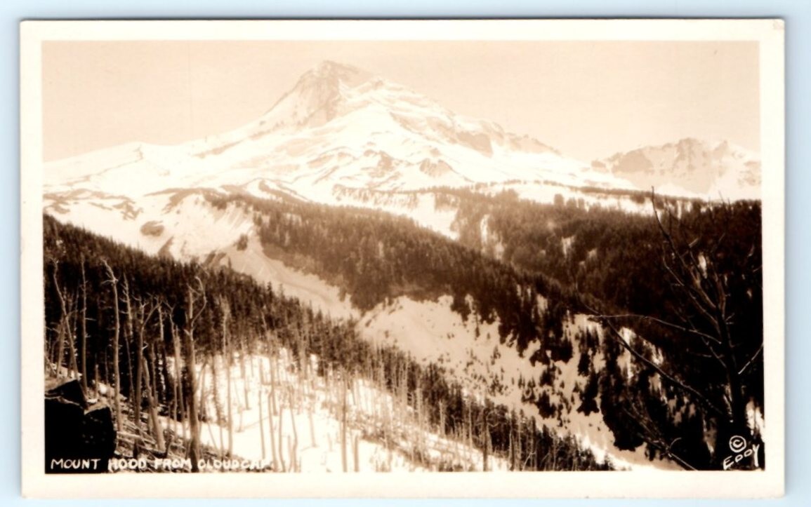 VTG RPPC Mount Mt. Hood Hood Oregon Real Photo Post Card Cloudcap Snow Forest A1