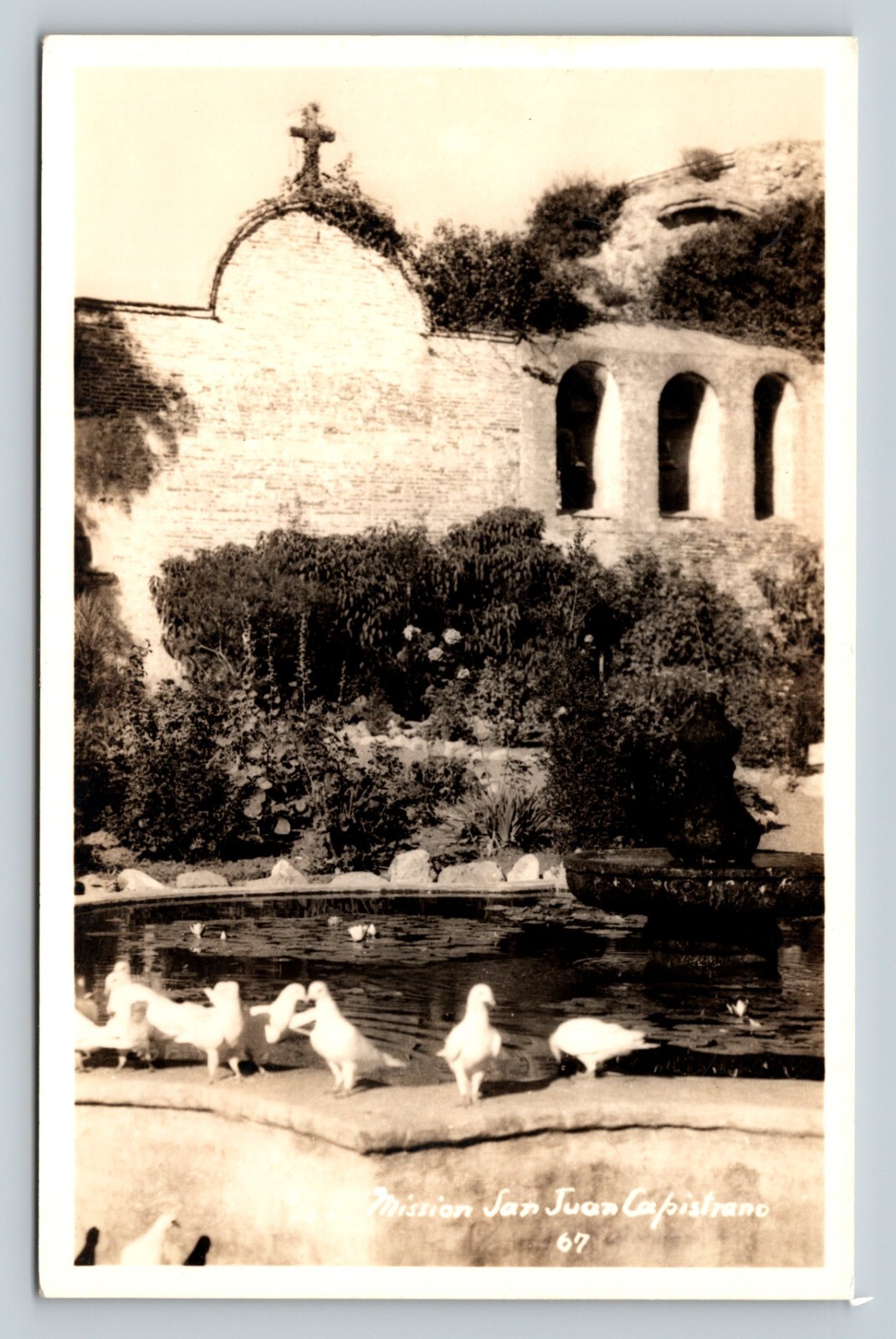 c1940s RPPC Mission San Juan Capistrano Birds By Fountain VINTAGE Postcard EKC