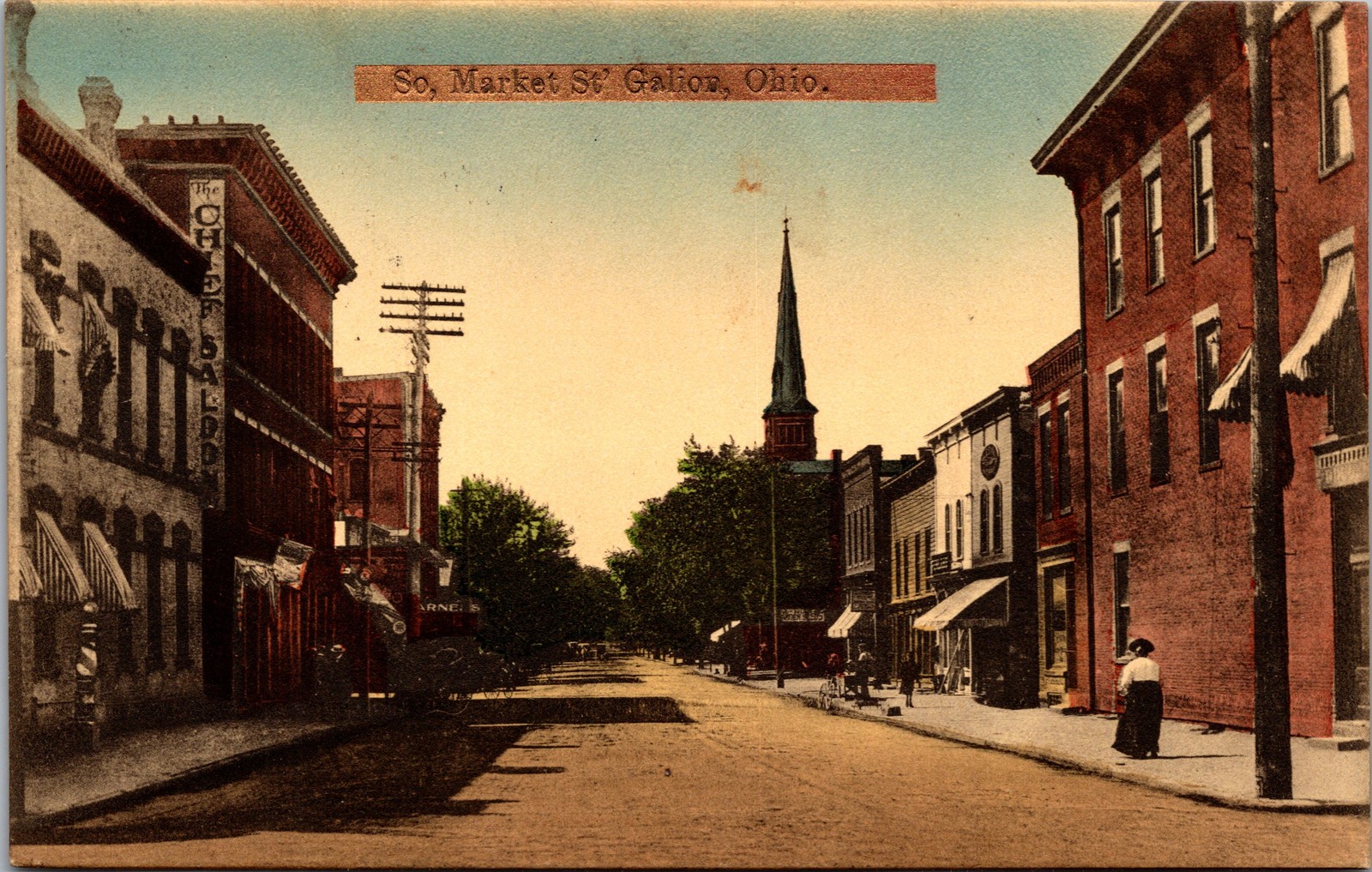 Postcard OH Galion South Market Street Scene Chief Saloon Church Steeple