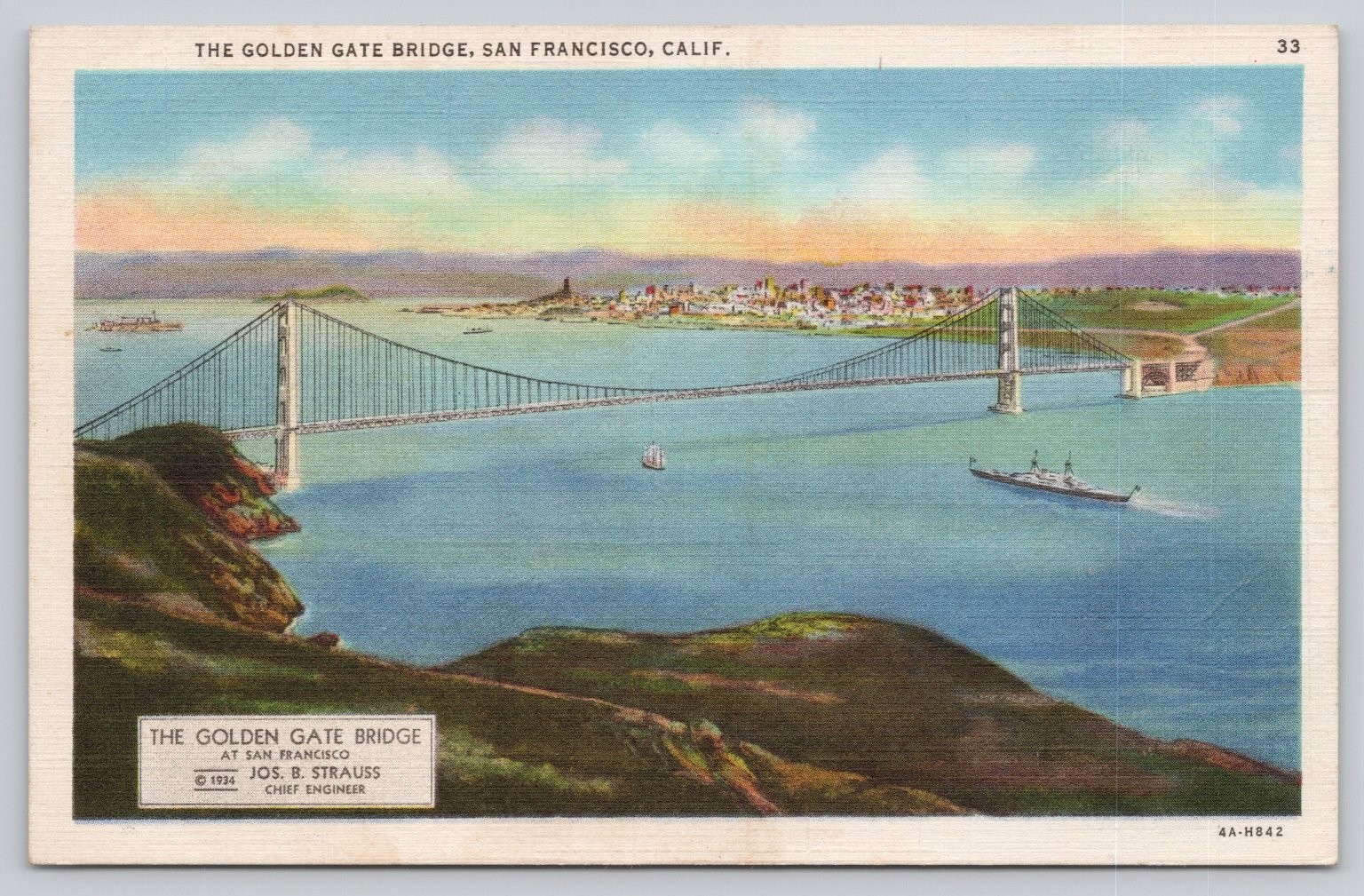 1936 Golden Gate Bridge San Francisco Linen Postcard Jos B Strauss Engineer