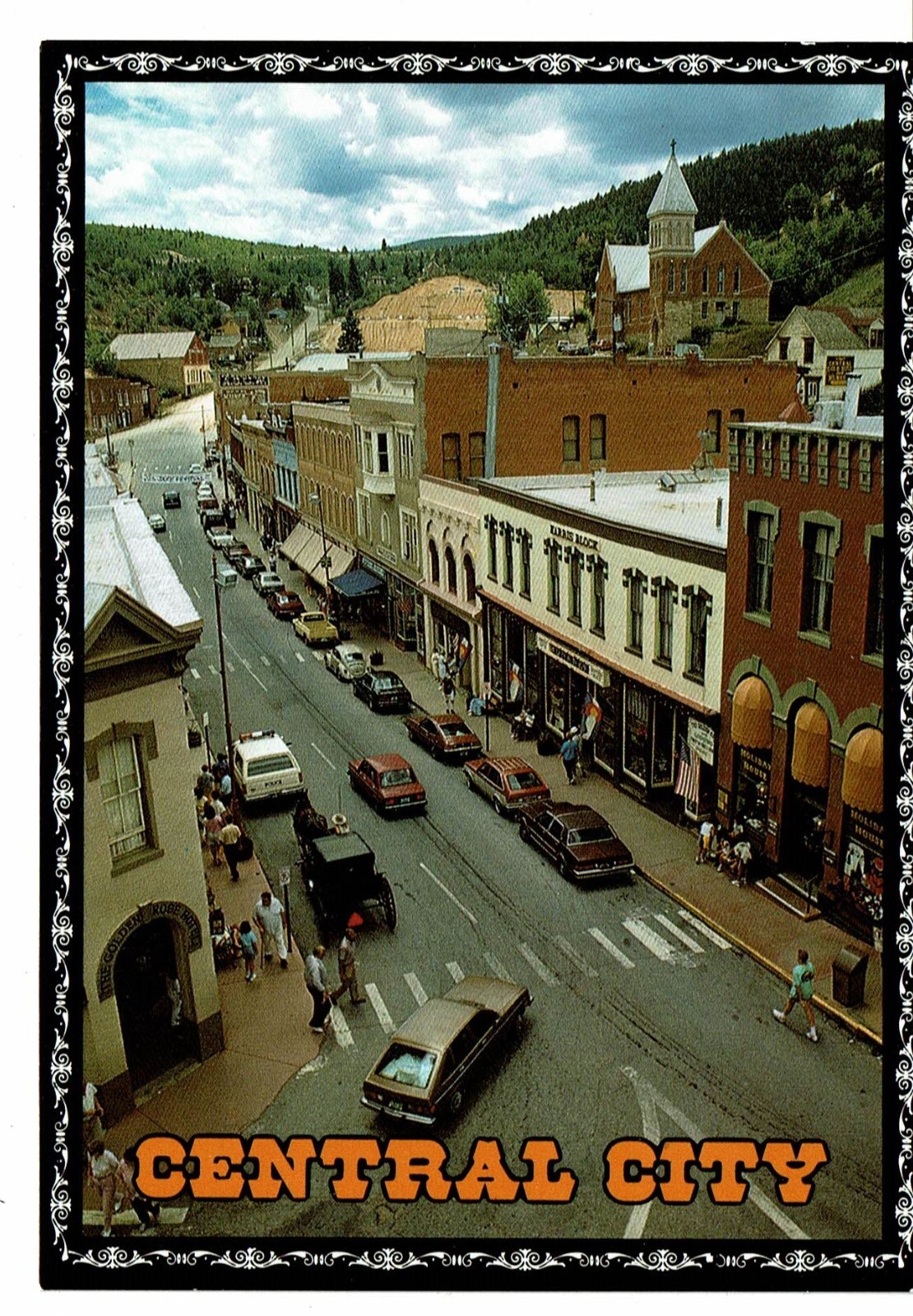 Central City Postcard 90s building height aerial view street cars town Colorado