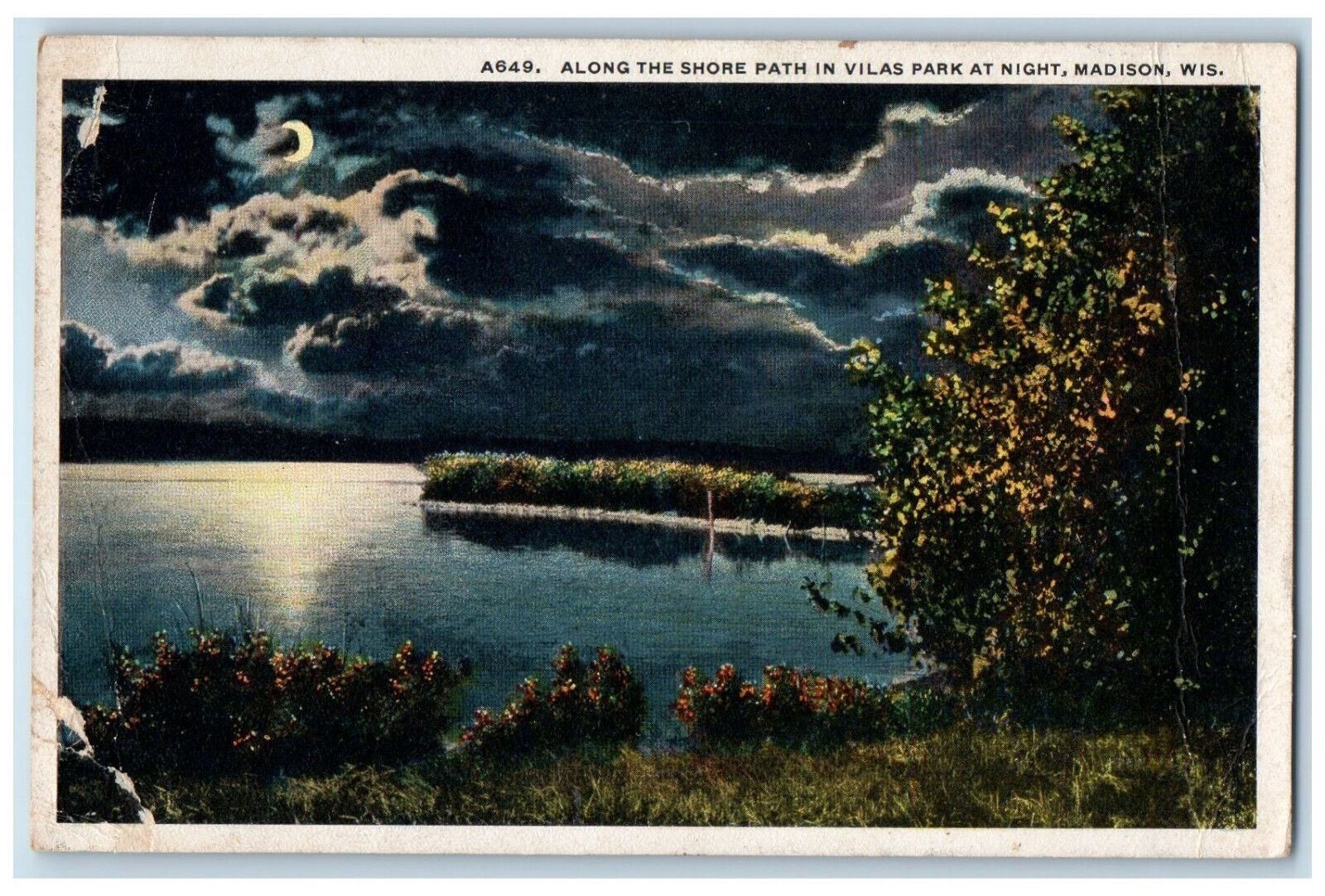 c1930’s Along The Shore Path In Vilas Park at Night Madison WI Postcard