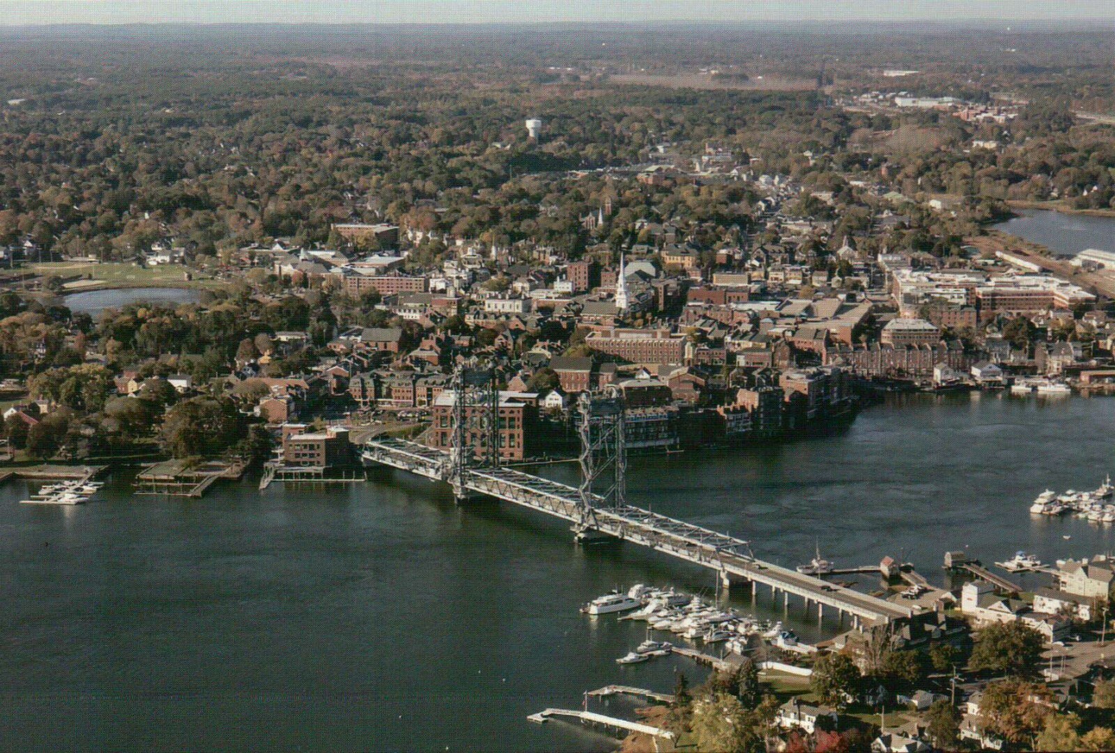 Aerial of Portsmouth, New Hampshire, Memorial Bridge Piscataqua River – Postcard