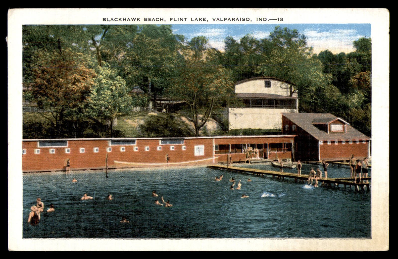 Postcard Blackhawk Beach Scene at Flint Lake Valparaiso, Indiana