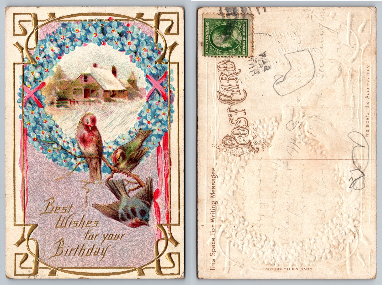 Birds Cottage Snowy Landscape Birthday Postcard