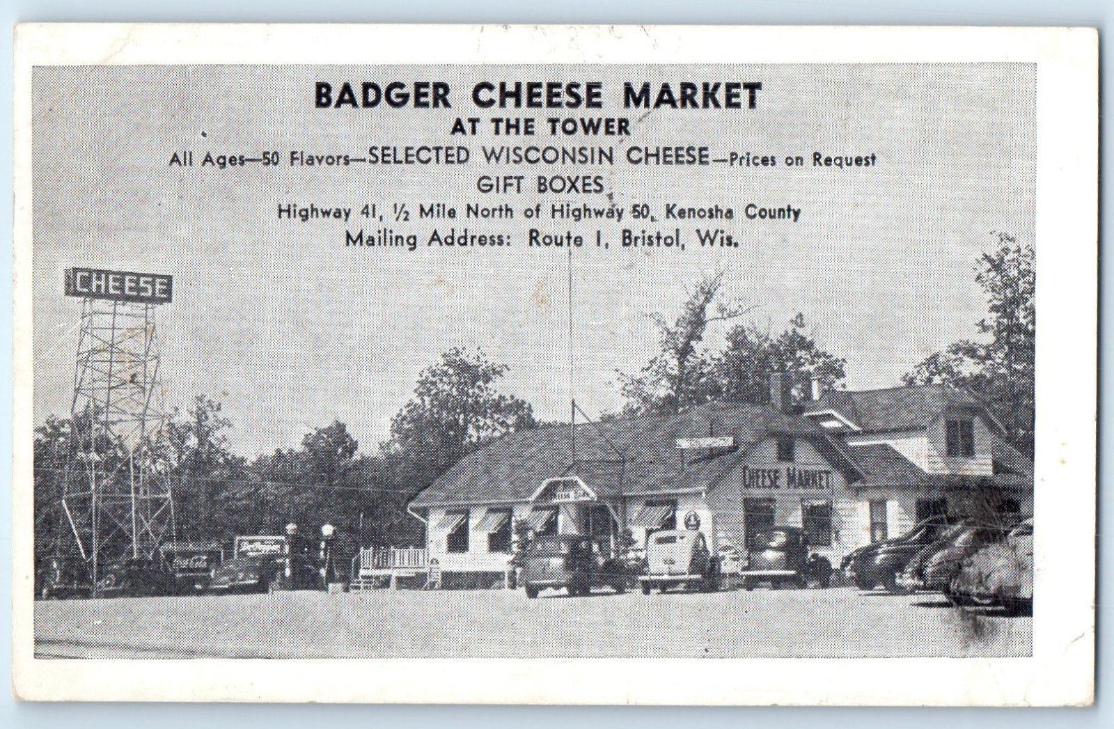 1941 Bristol Wisconsin WI Postcard Badger Cheese Market Tower Gift Boxes Posted