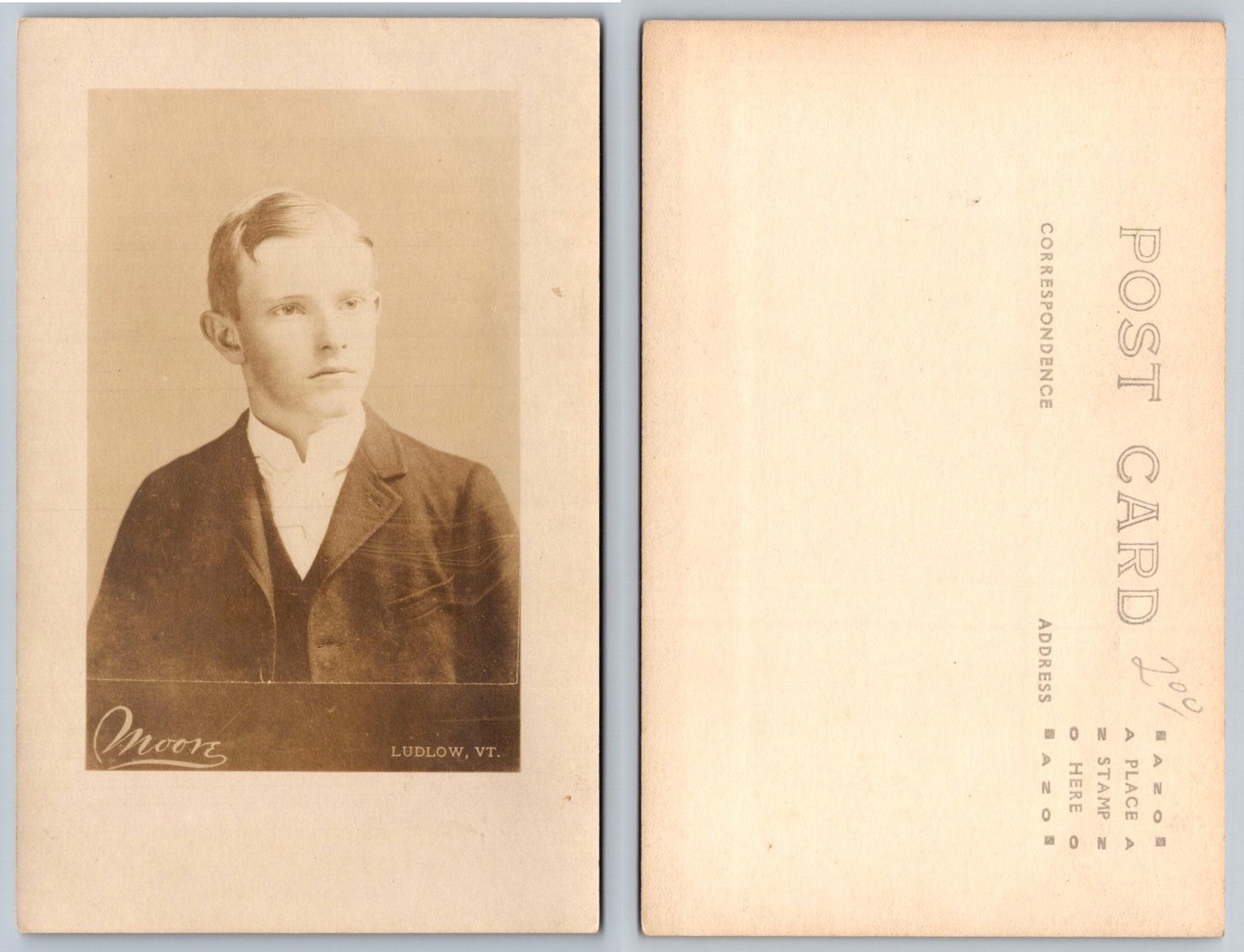 Vintage RPPC Ludlow VT Portrait Young Man Moore Photographer Vermont Postcard