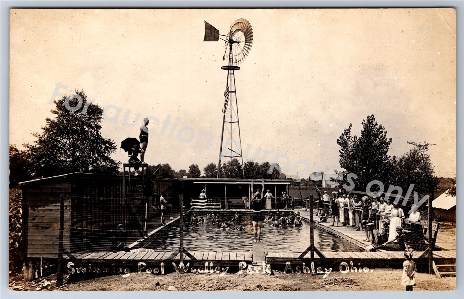 Ashley, OH: RPPC Woolley Park Swimming Pool – Vintage Ohio Real Photo Postcard