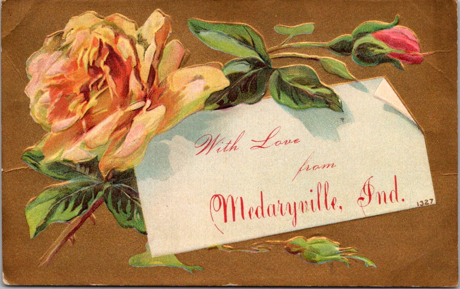 Embossed Roses, With Love from Medaryville IN Vintage Postcard D81