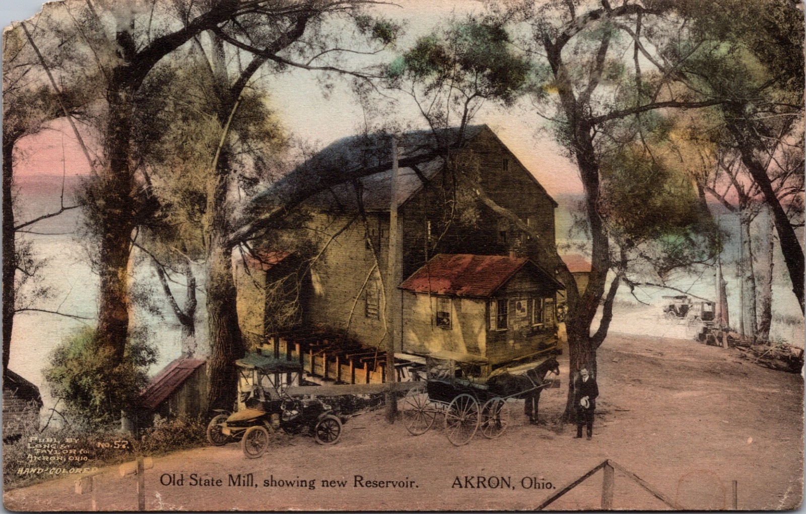 Old State Mill New Reservoir Akron Ohio Hand Colored Antique Postcard