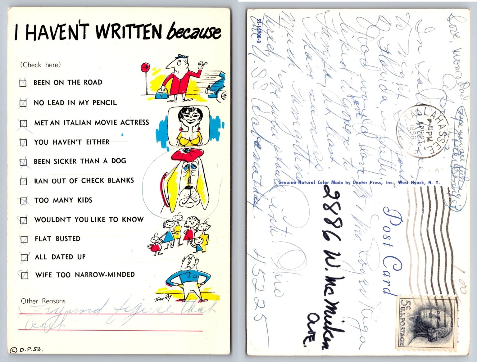 1966 Humorous Postcard I Haven’t Written Because Cartoon Dexter Press Posted
