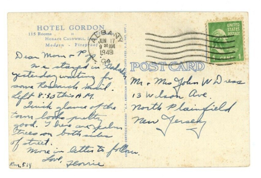 Postcard 1949 Chrome era Hotel Gordon Vintage cars 1940s