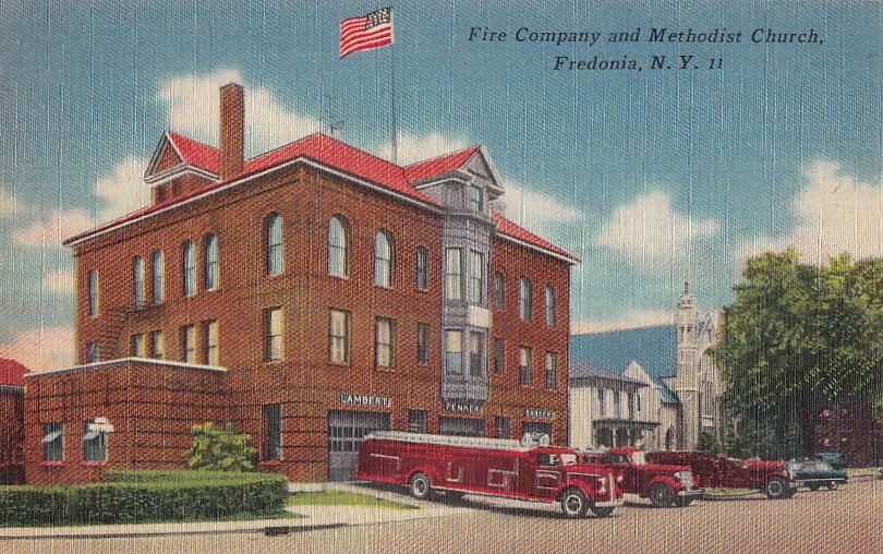 Postcard Fire Company Methodist Church Fredonia NY