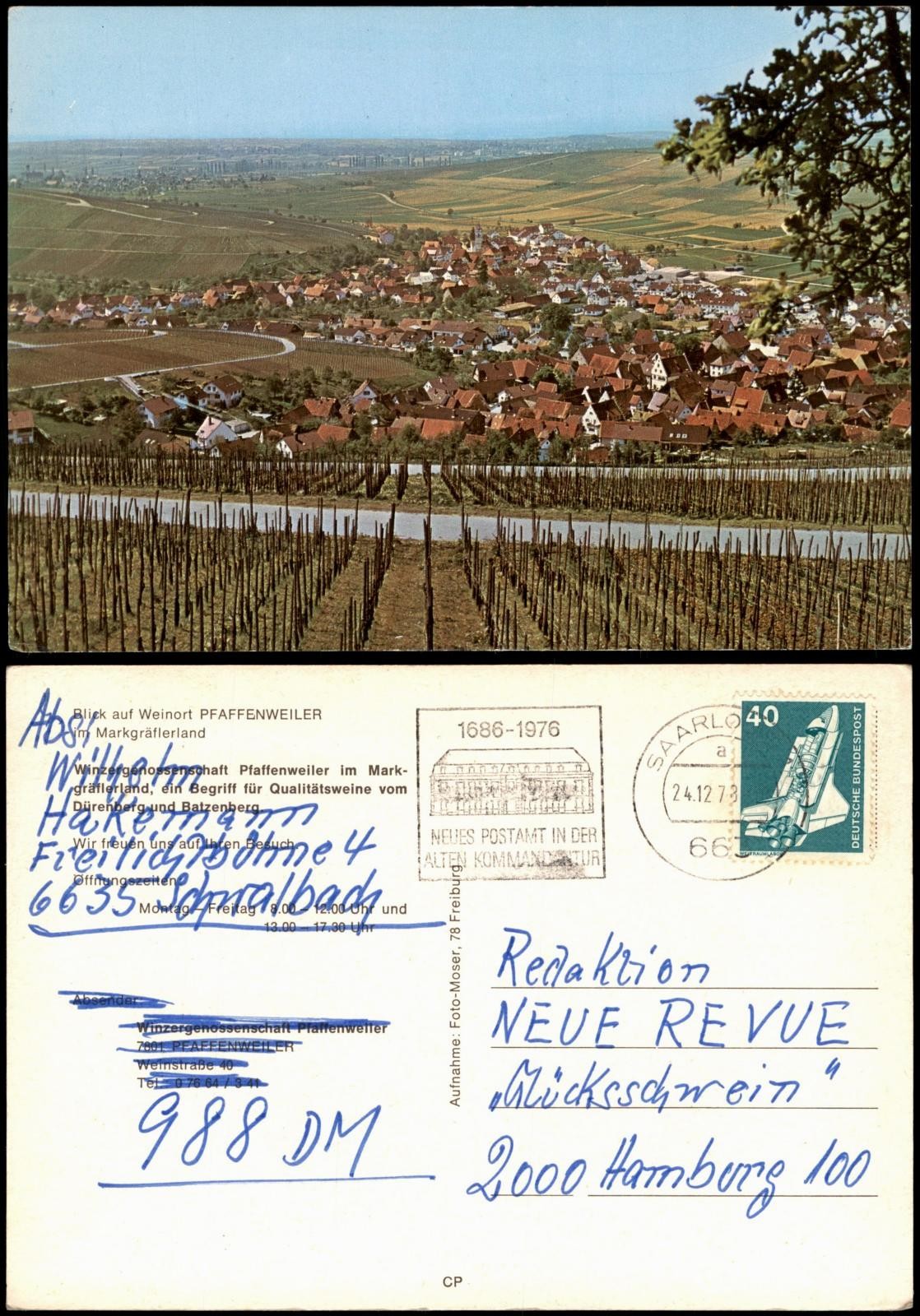 Postcard Pfaffenweiler view from the vineyard to the city 1978
