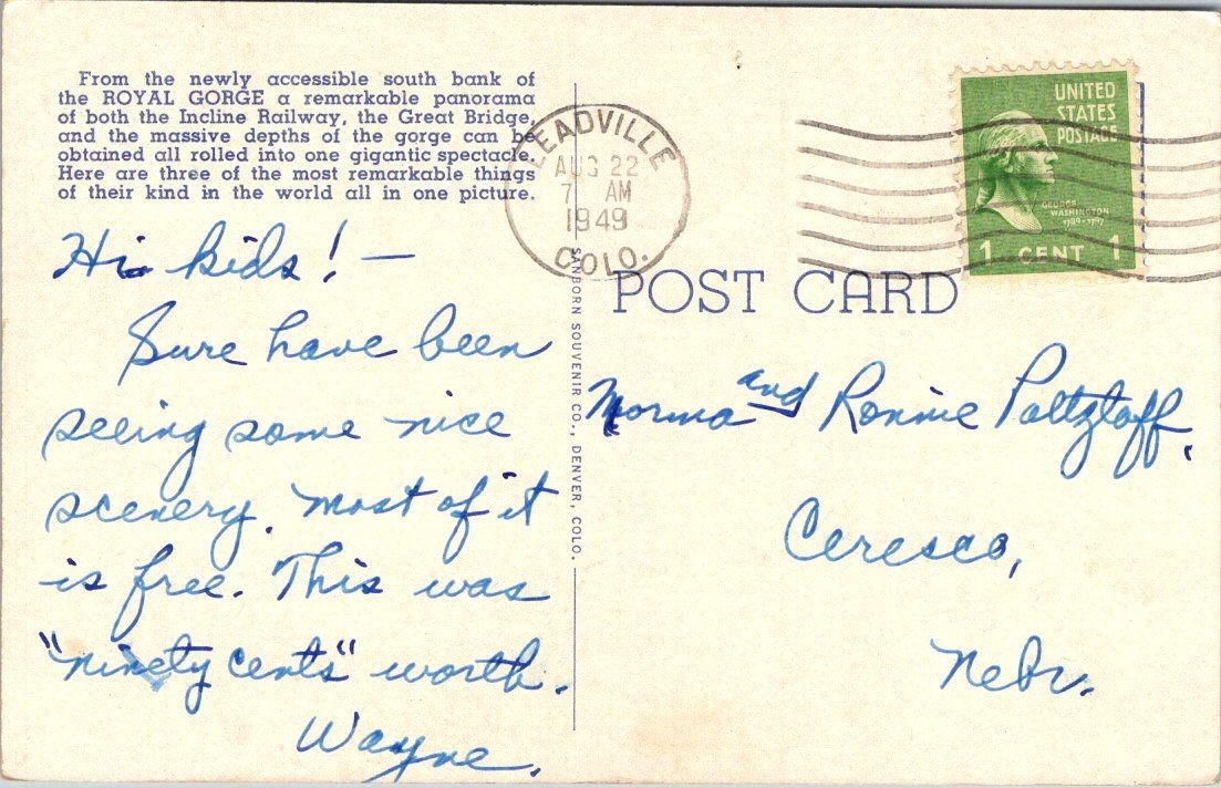 Royal Gorge Colorado Postcard 594 Sanborn Souvenir 1949 Postmarked Handwritten